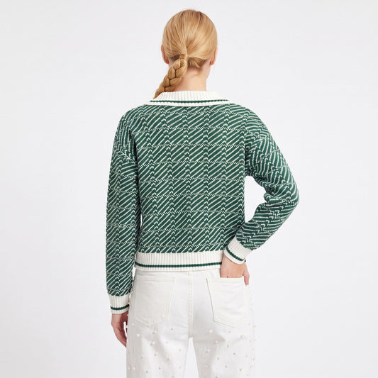 Geometric Knit Polo Collar Long Sleeve Sweater