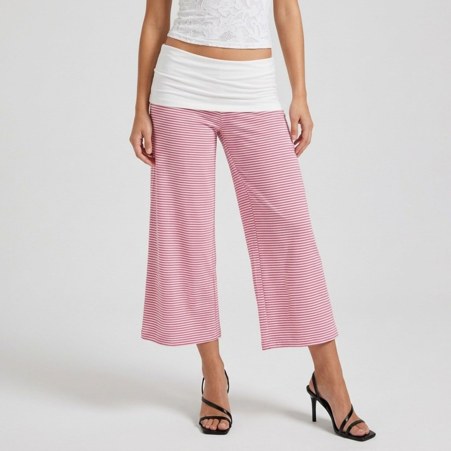 Contrast Foldover Waistband Striped Cropped Wide-Leg Trousers