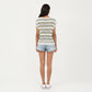 Short Sleeve Striped Open Knit Top with Button Shoulder Detail and Relaxed Fit