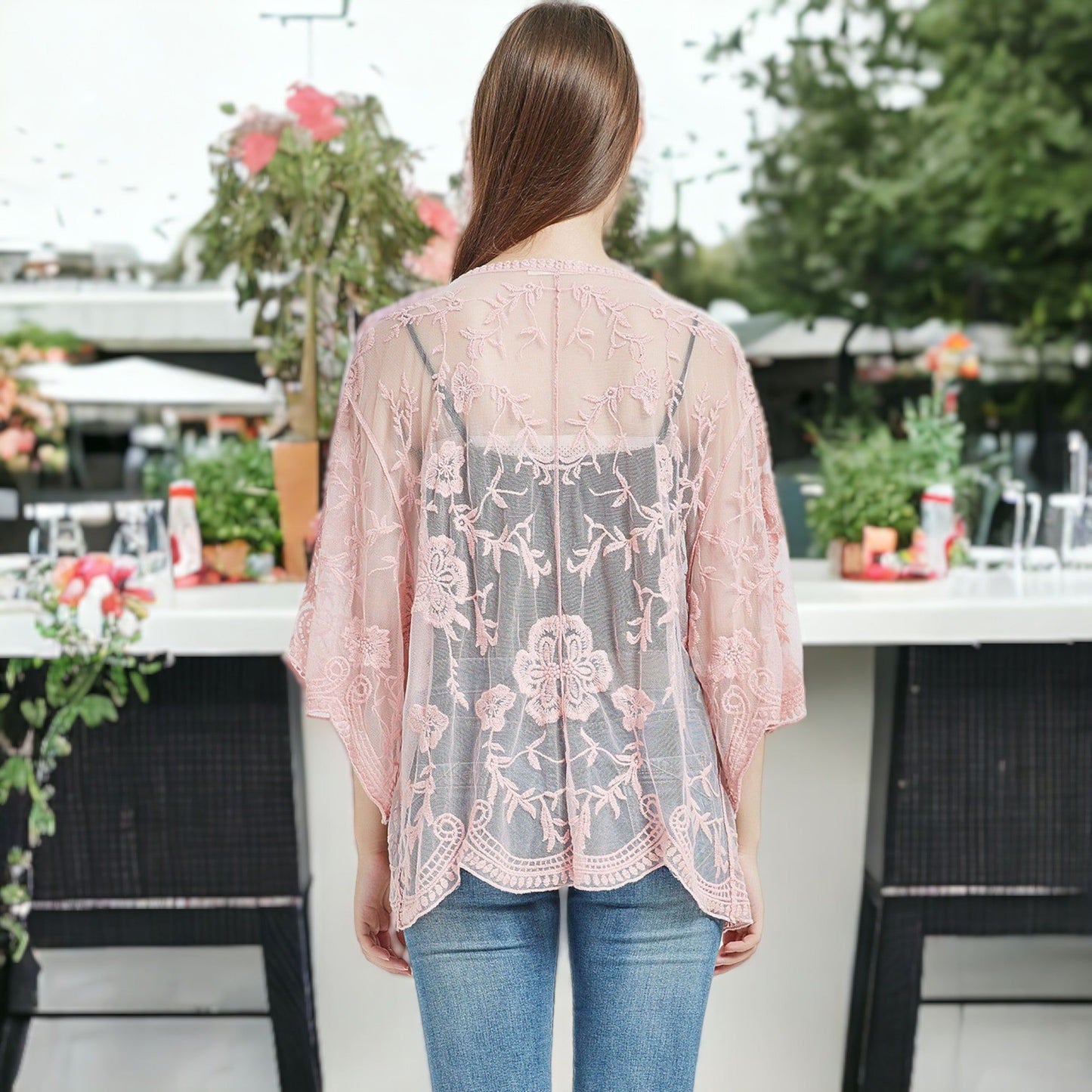 Short Embroidered Lace Duster Crop Cardigan Half Sleeves