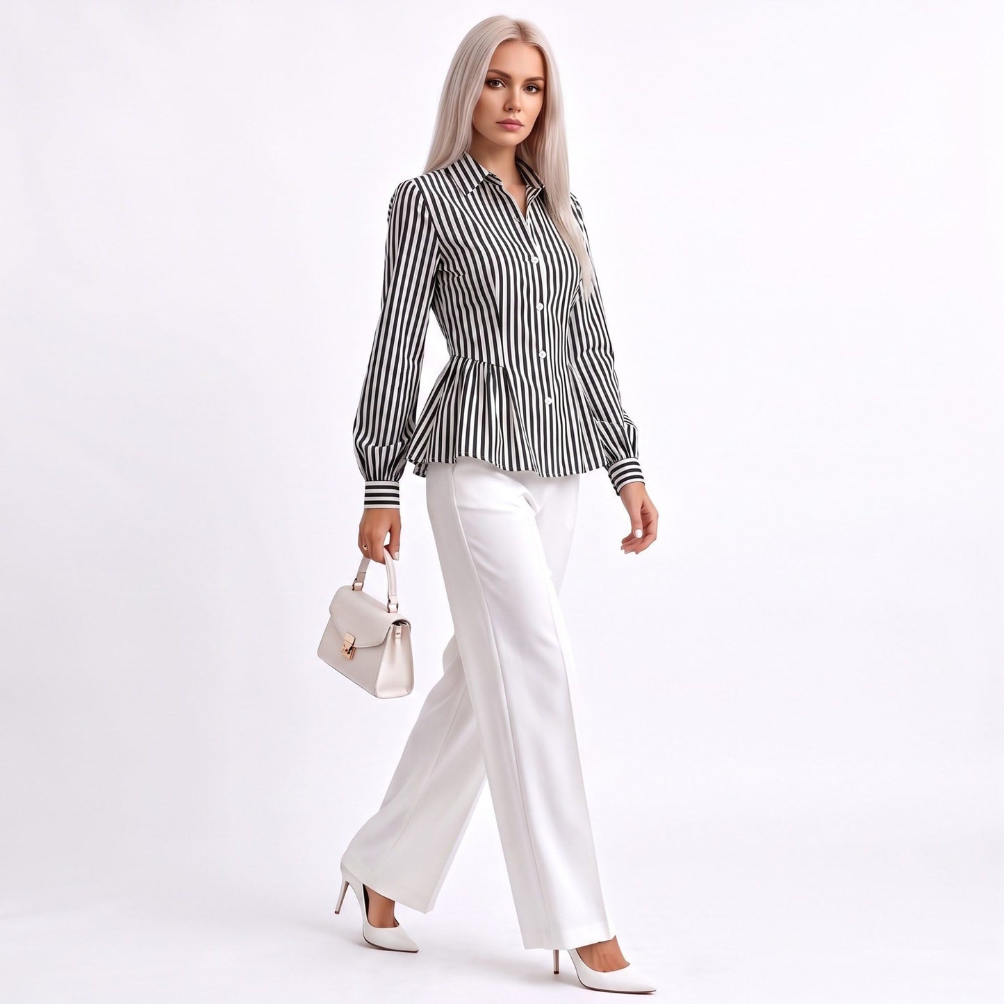 Striped Long Sleeve Button Down Peplum Shirt with Collared Neckline