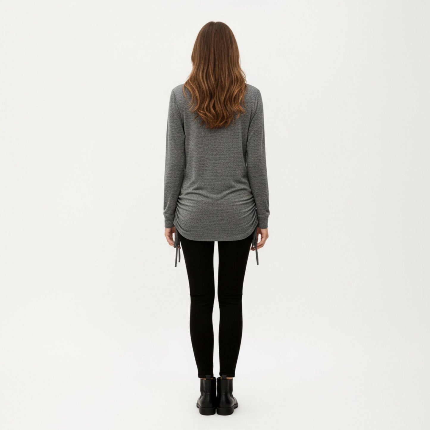 Long Sleeve V-Neck Top with Side Drawstring Ruched Hem