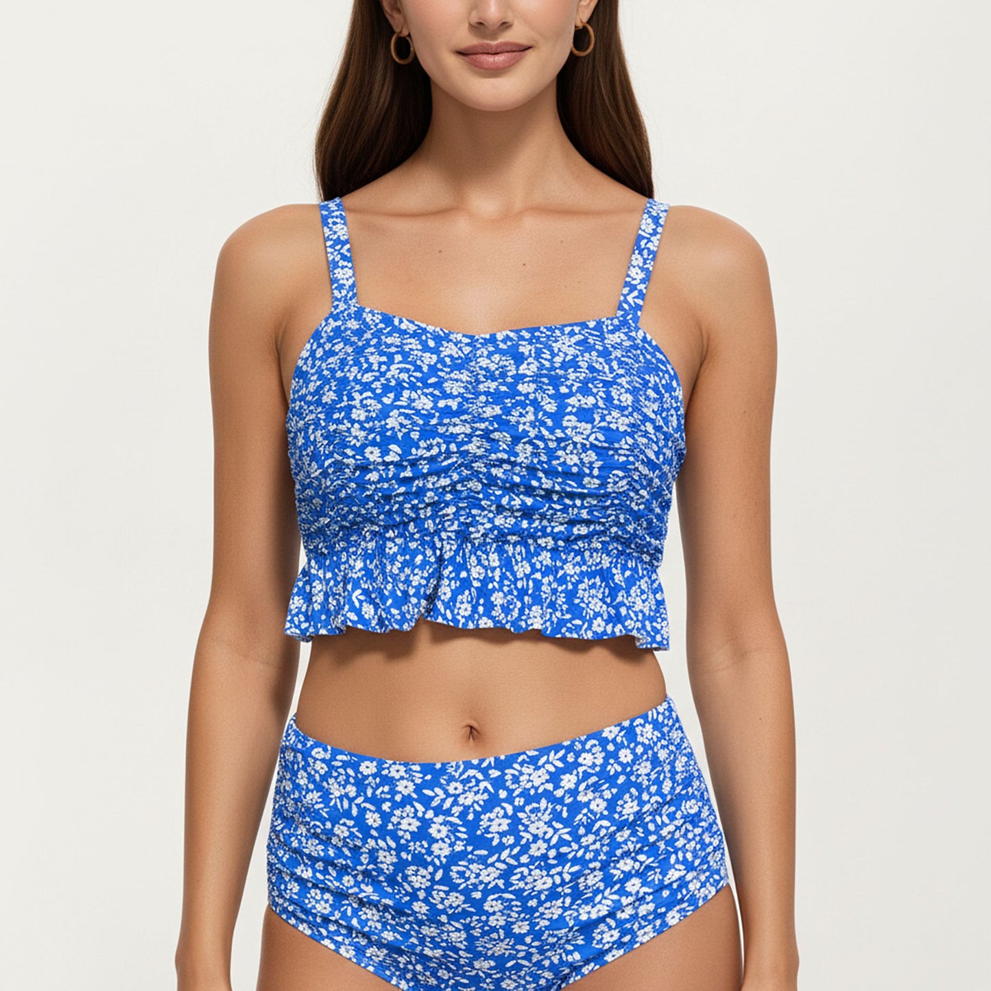 Floral Print Ruffled Maternity Bikini Set with High-Waisted Bottoms