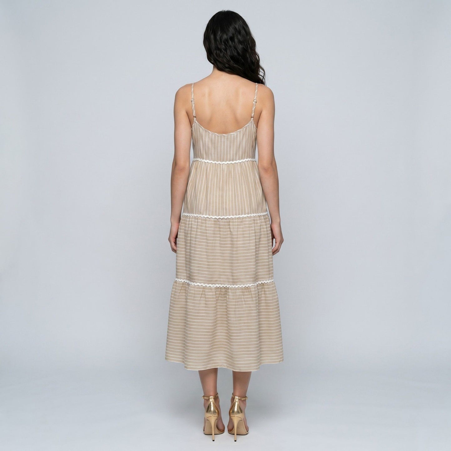Striped Spaghetti Strap Button Front Midi Dress with Rickrack Trim Tiered Skirt and Flowy A Line Silhouette