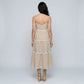 Striped Spaghetti Strap Button Front Midi Dress with Rickrack Trim Tiered Skirt and Flowy A Line Silhouette