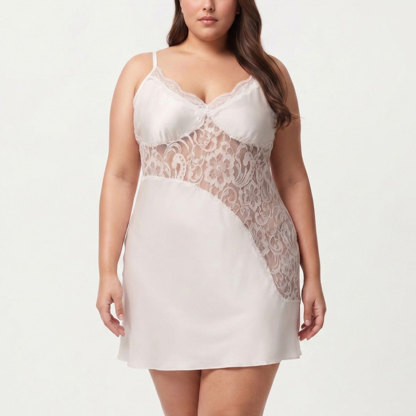 Plus Size Lace Panel Chemise Slip Dress Adjustable Strap Sleepwear