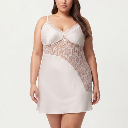 Plus Size Lace Panel Chemise Slip Dress Adjustable Strap Sleepwear