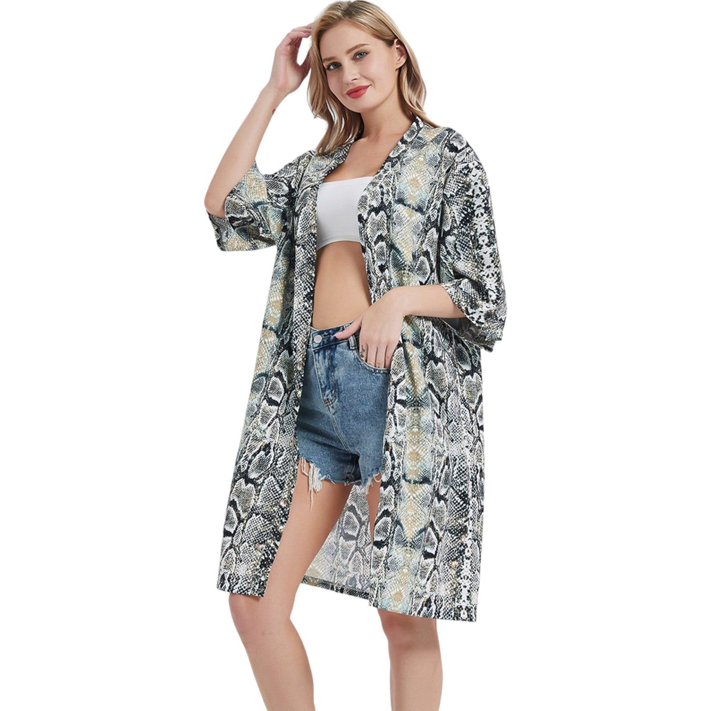 Printed Chiffon Layering Long Open Front Duster Cardigan