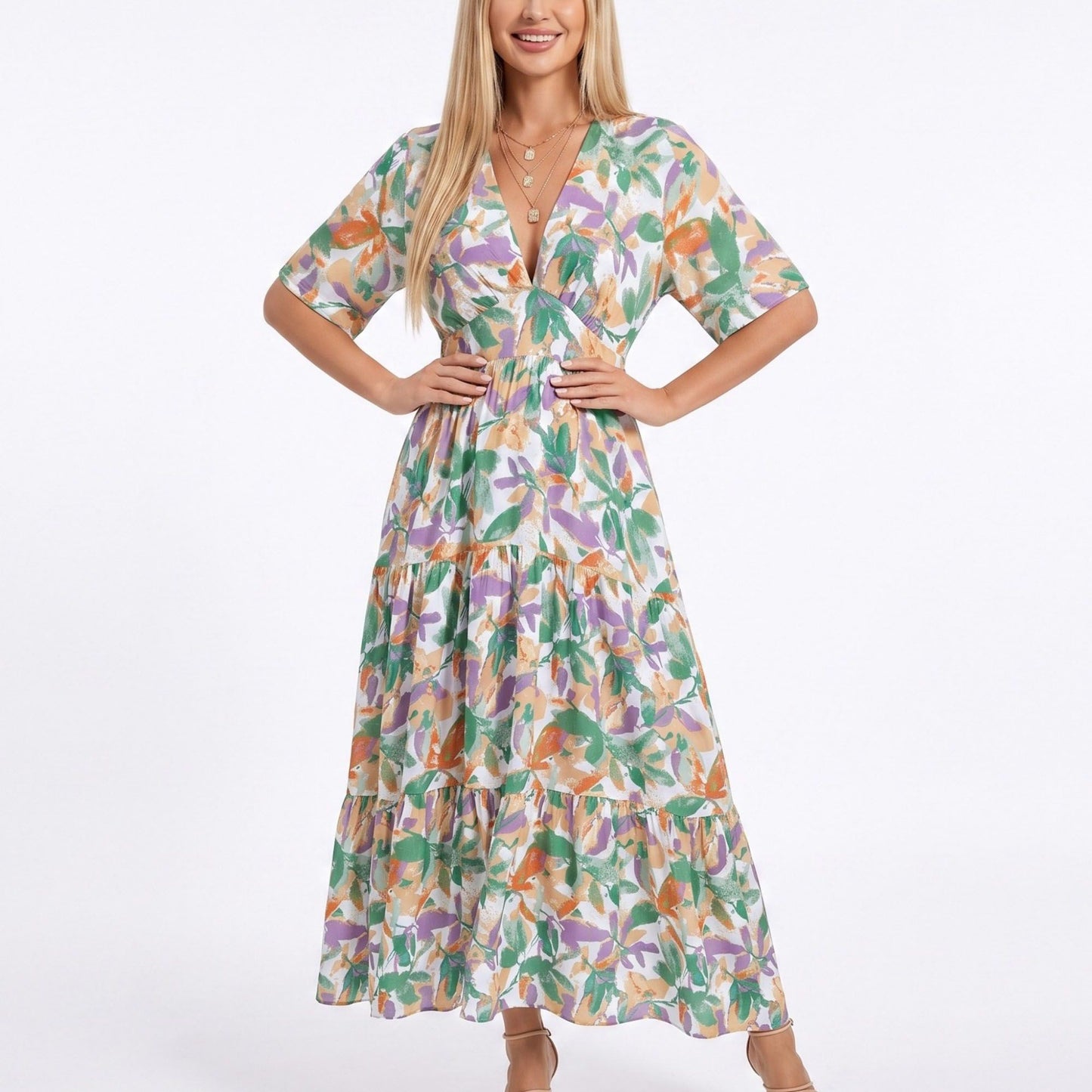 Abstract Floral V Neck Tiered Maxi Dress
