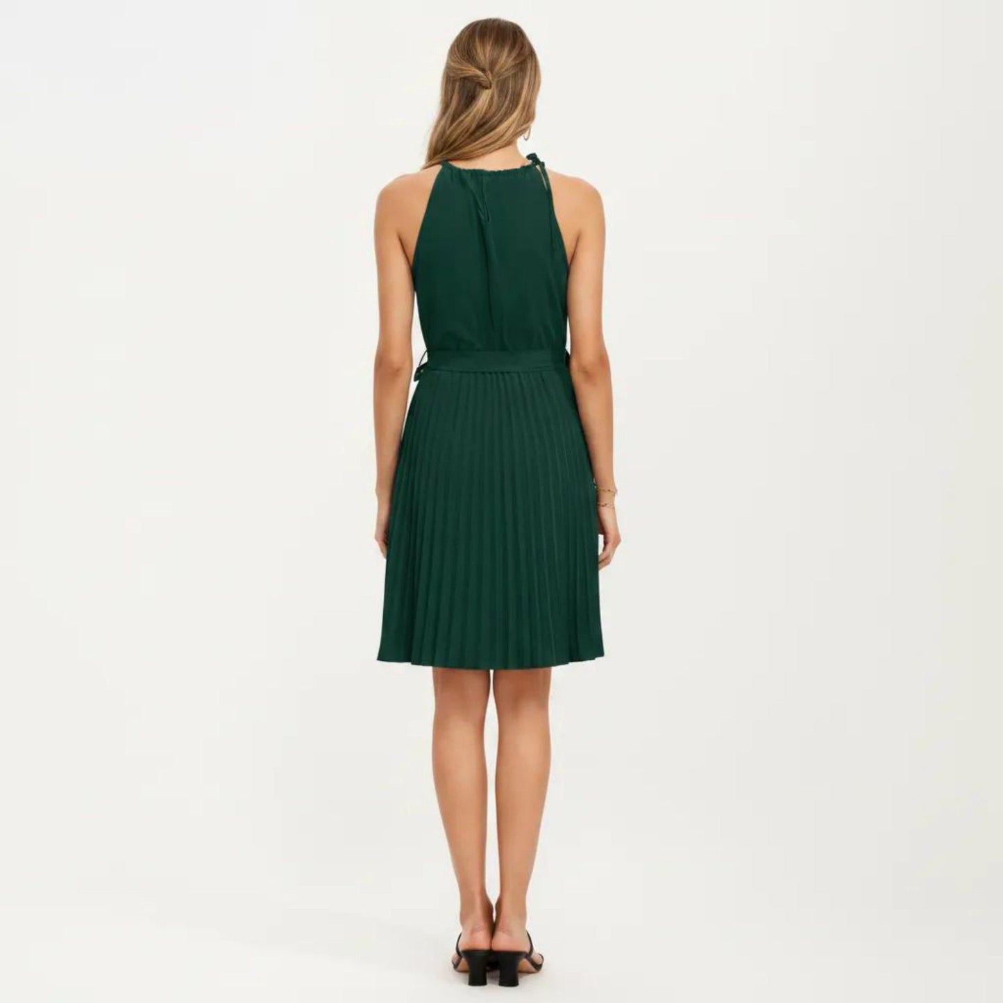 Sleeveless Halter Midi Dress with Pleated Skirt and Waist Tie