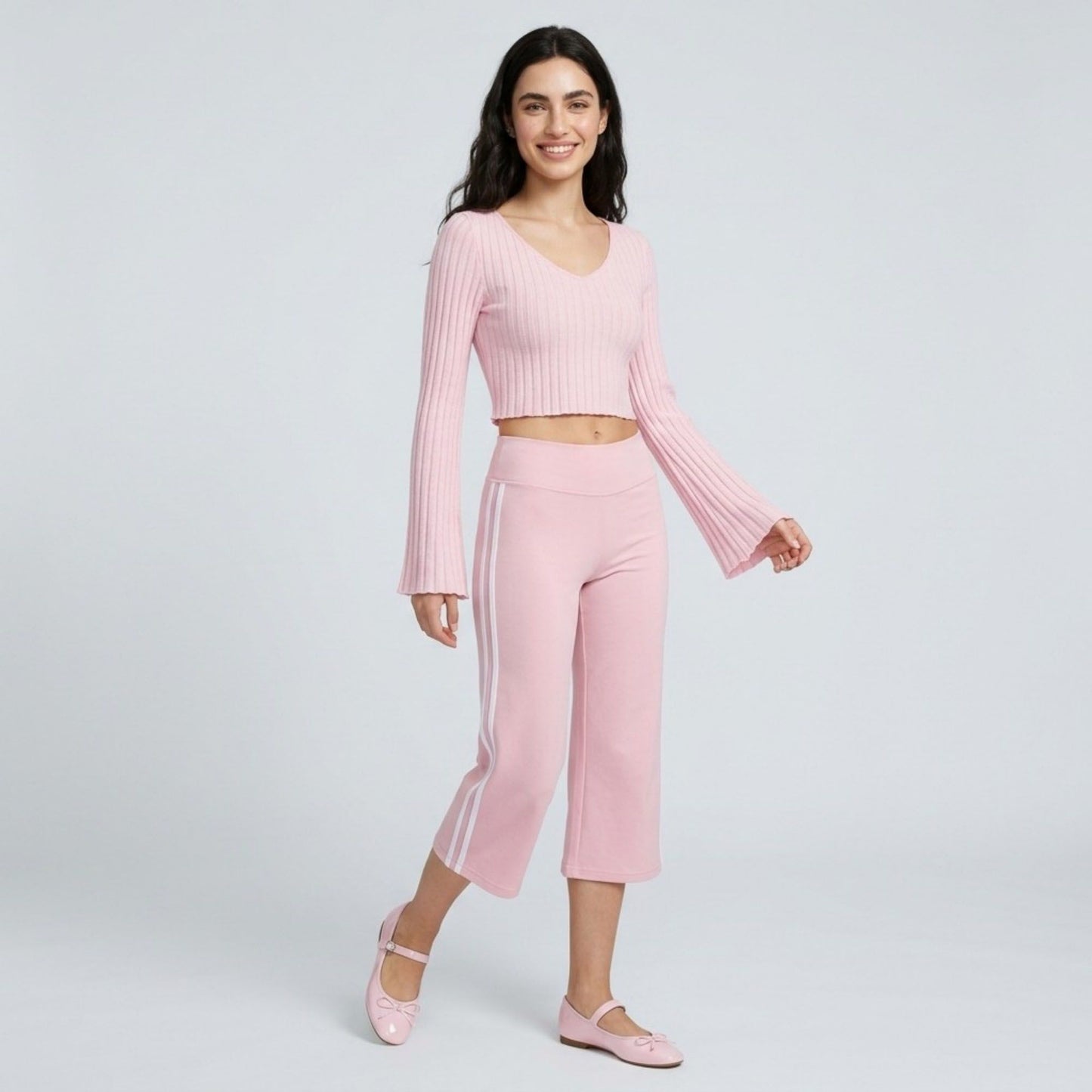 Crossover Waistband Side-Stripe Cropped Wide-Leg Trousers