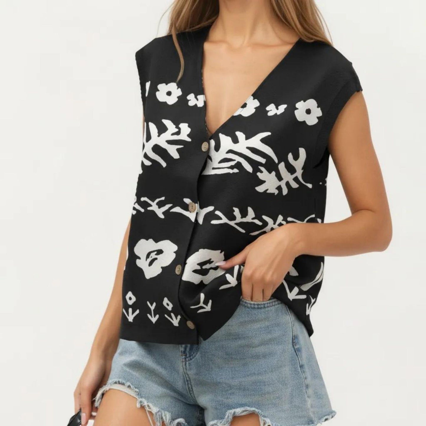 Sleeveless Floral Knit Vest Top with V-Neck Front and Button Detail