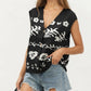 Sleeveless Floral Knit Vest Top with V-Neck Front and Button Detail