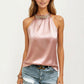 Satin Halter Top with Faux Pearl Neckline and Smooth Draped Finish