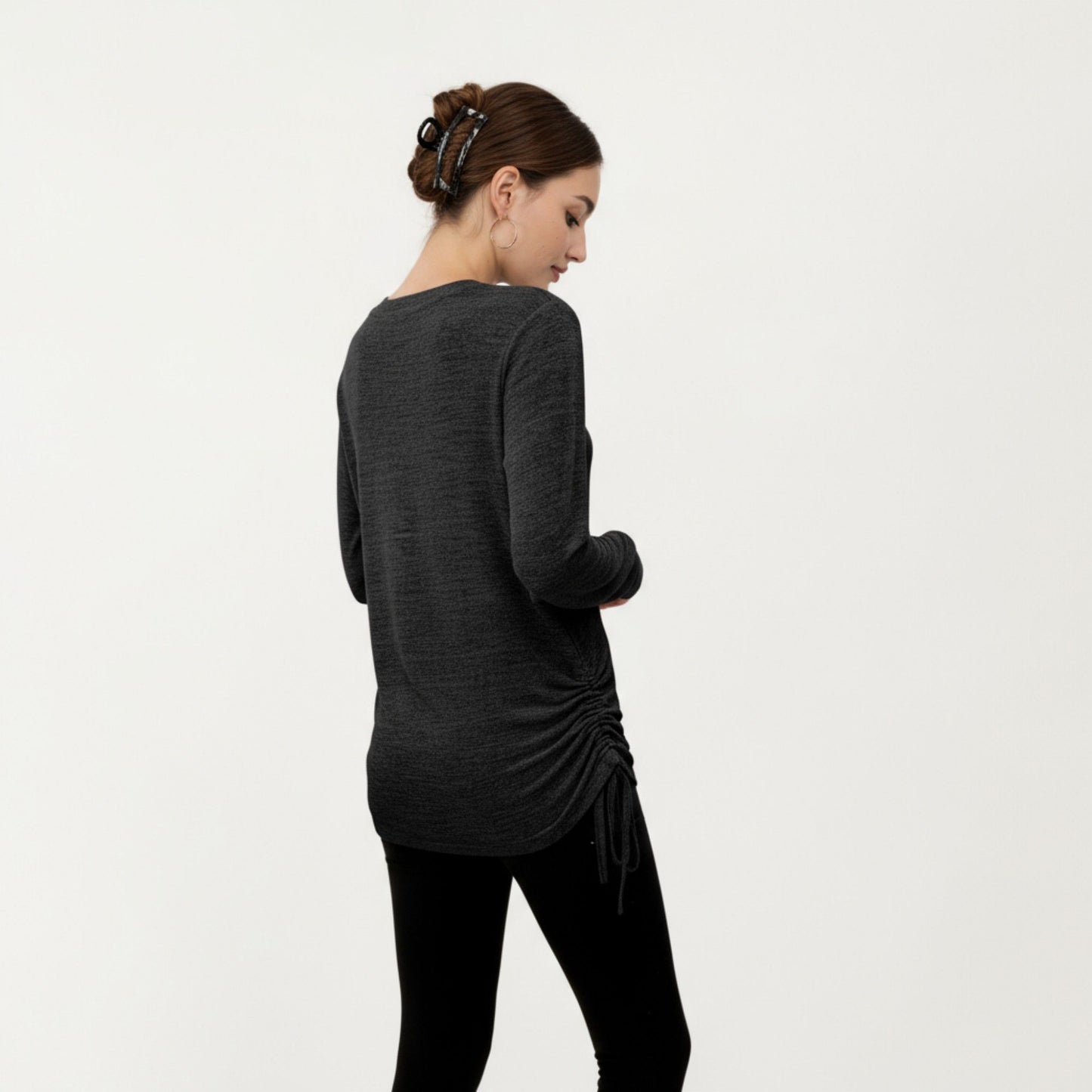Long Sleeve V-Neck Top with Side Drawstring Ruched Hem