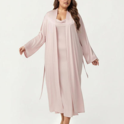 Plus Size 2-Piece Satin Nightgown Set with Long Sleeve Open Front Robe Sleeveless Slip Dress Sleepwear