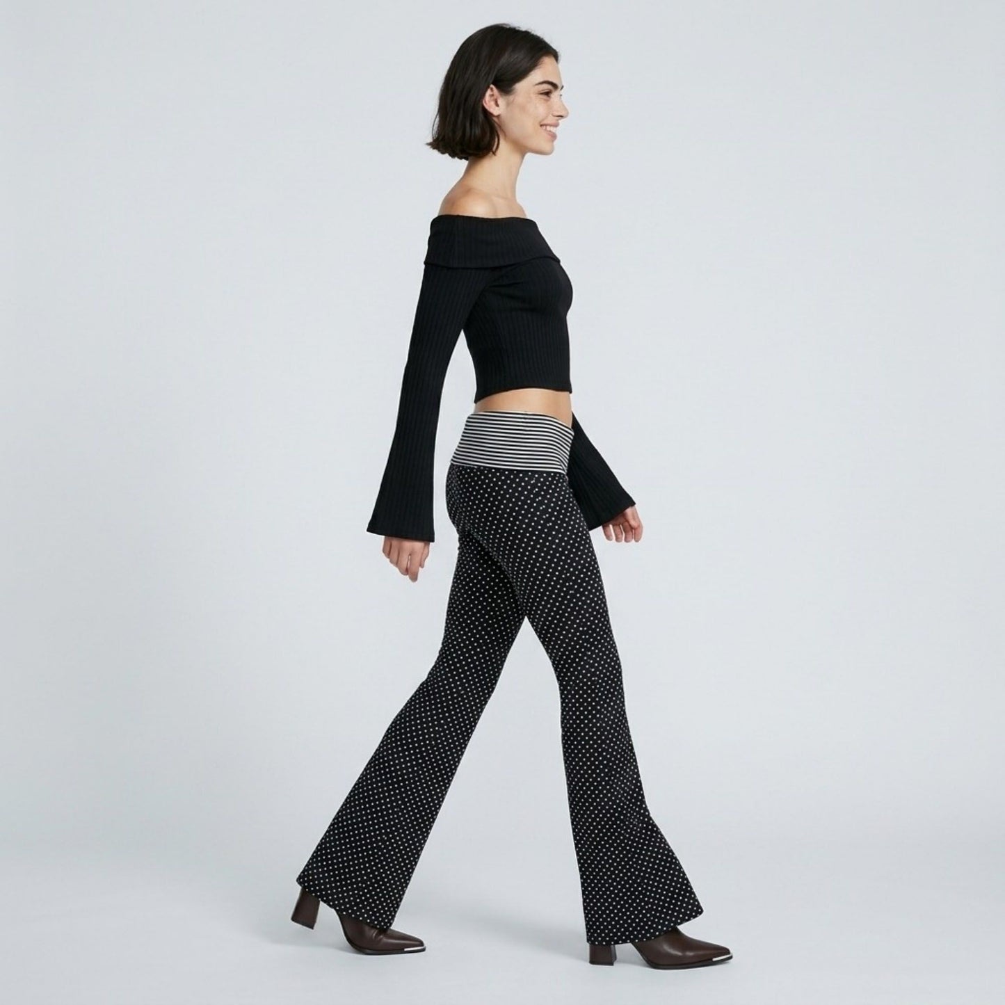 Striped Contrast Foldover Waistband Polka Dot Full-Length Wide-Leg Trousers
