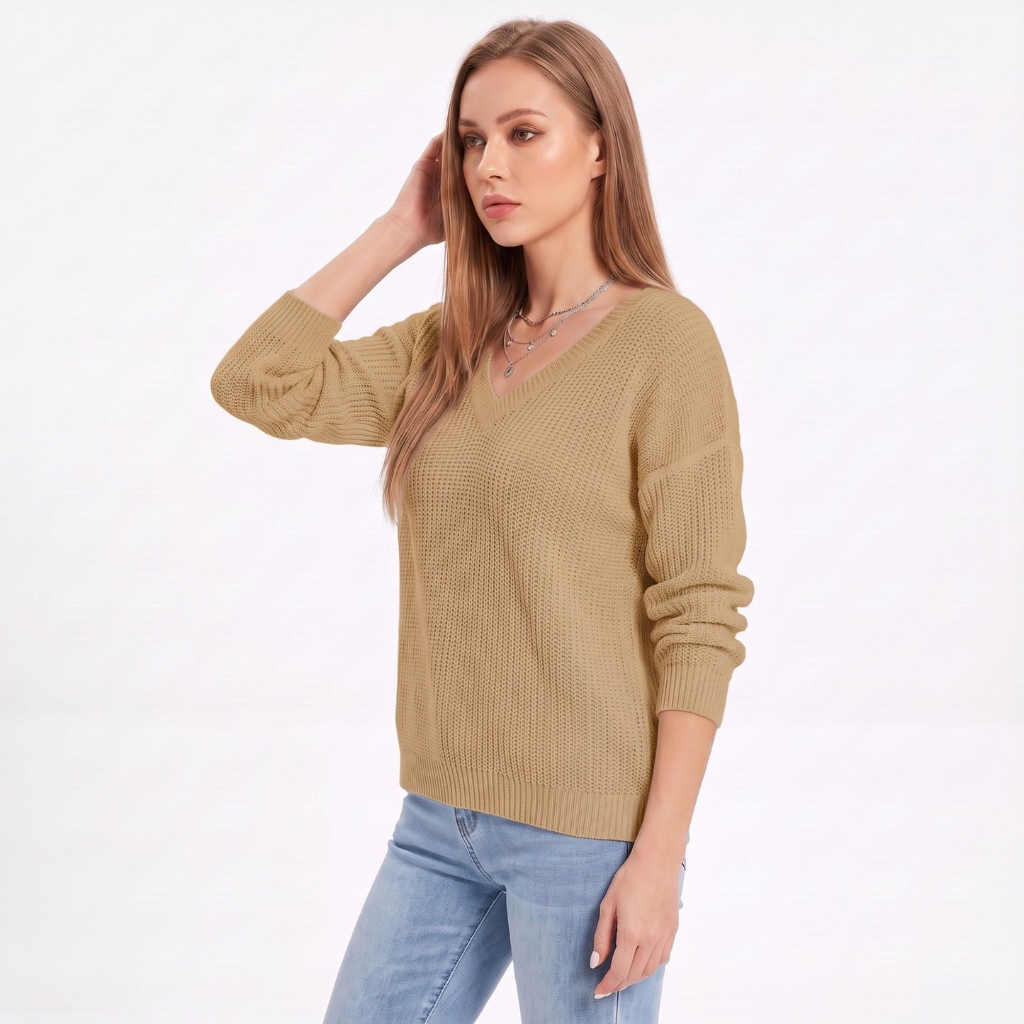 V Neck Textured Knit Pullover Sweater with Long Sleeves