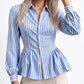 Striped Long Sleeve Button Down Peplum Shirt with Collared Neckline