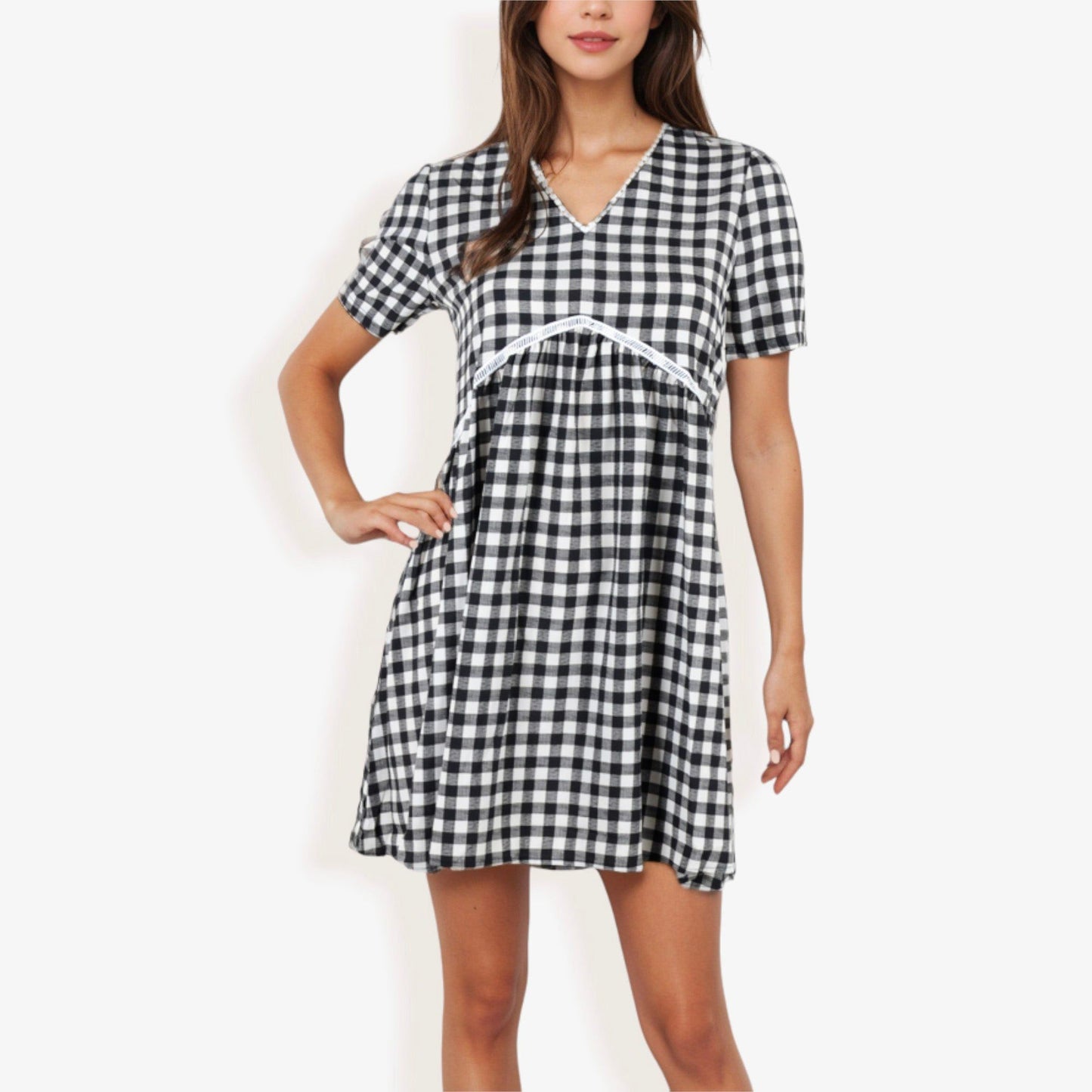 Gingham V-Neck Short Sleeve Dress Empire Waist Lace Trim