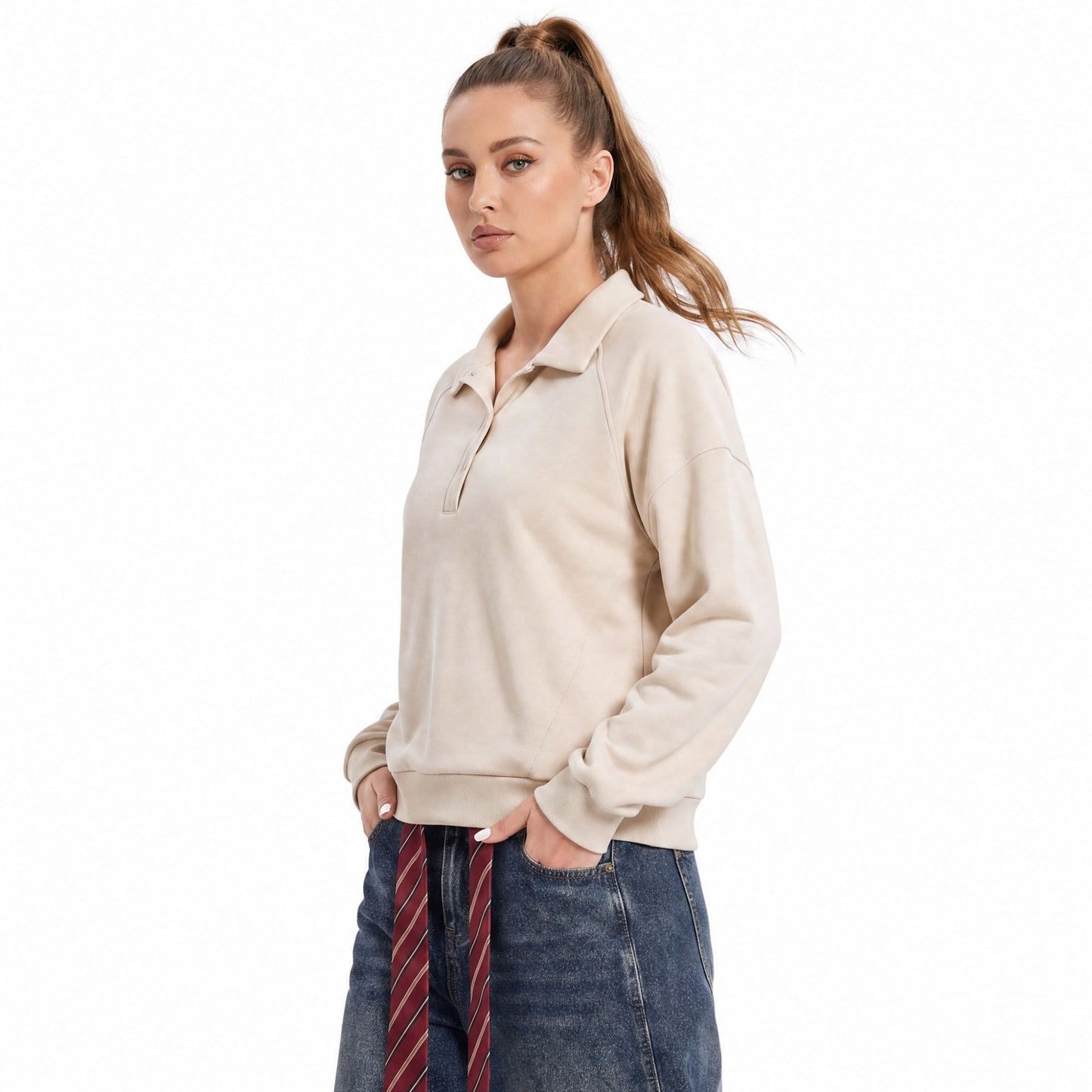 Long Sleeve Polo Sweatshirt with Snap Button Placket