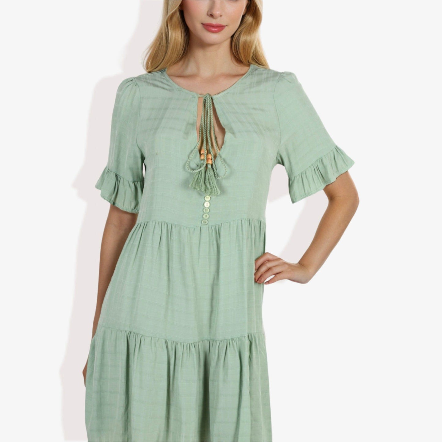 Ruffle Sleeve Tiered Dress With Button And Tassel Detail