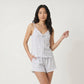 2-Piece Set Striped Button Front Cami Top and Shorts Pajama Lounge Set with Bow Accent and Lettuce Trim