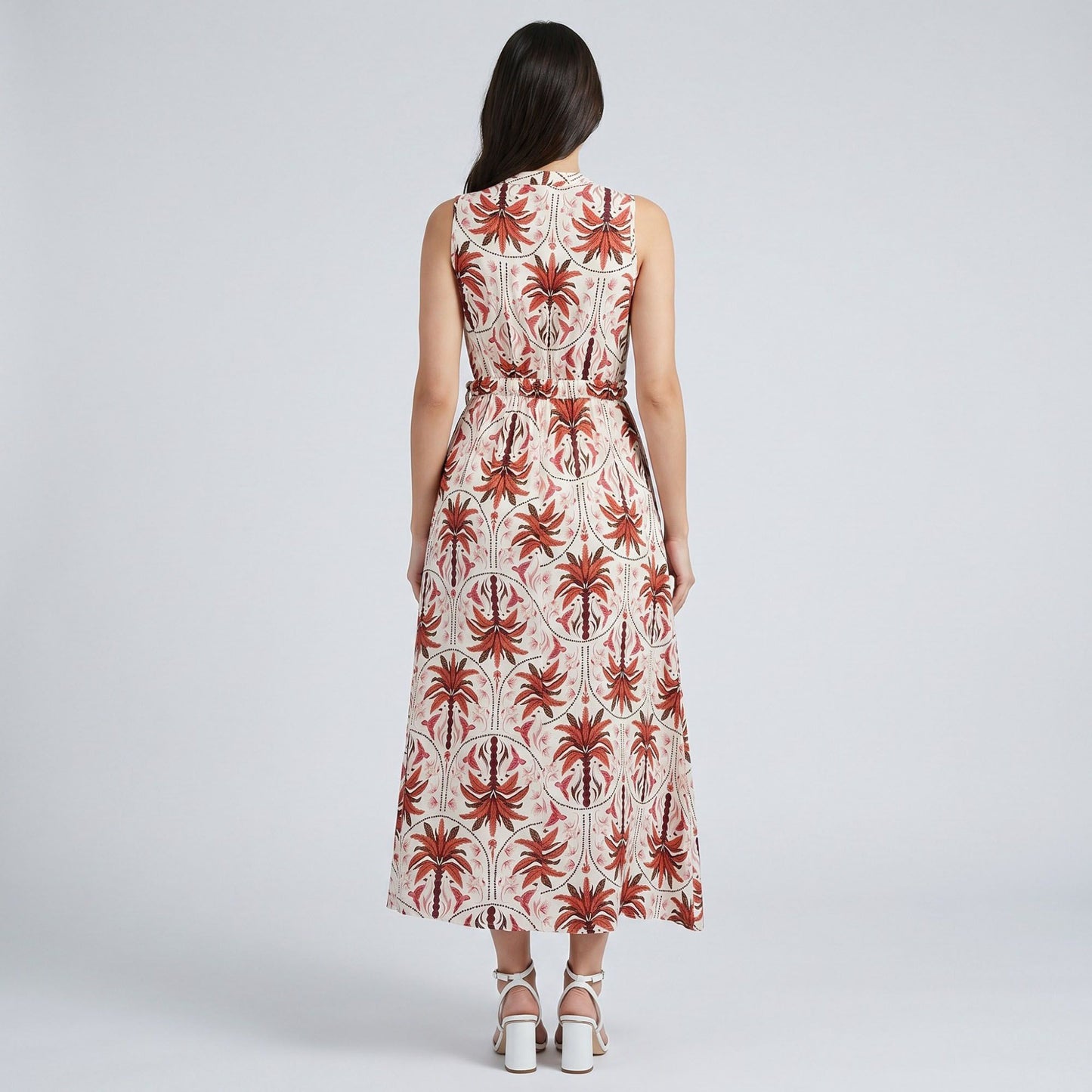 Botanical Print Sleeveless V-Neck Tie Waist Maxi Dress with Side Pockets and Relaxed A-Line Silhouette