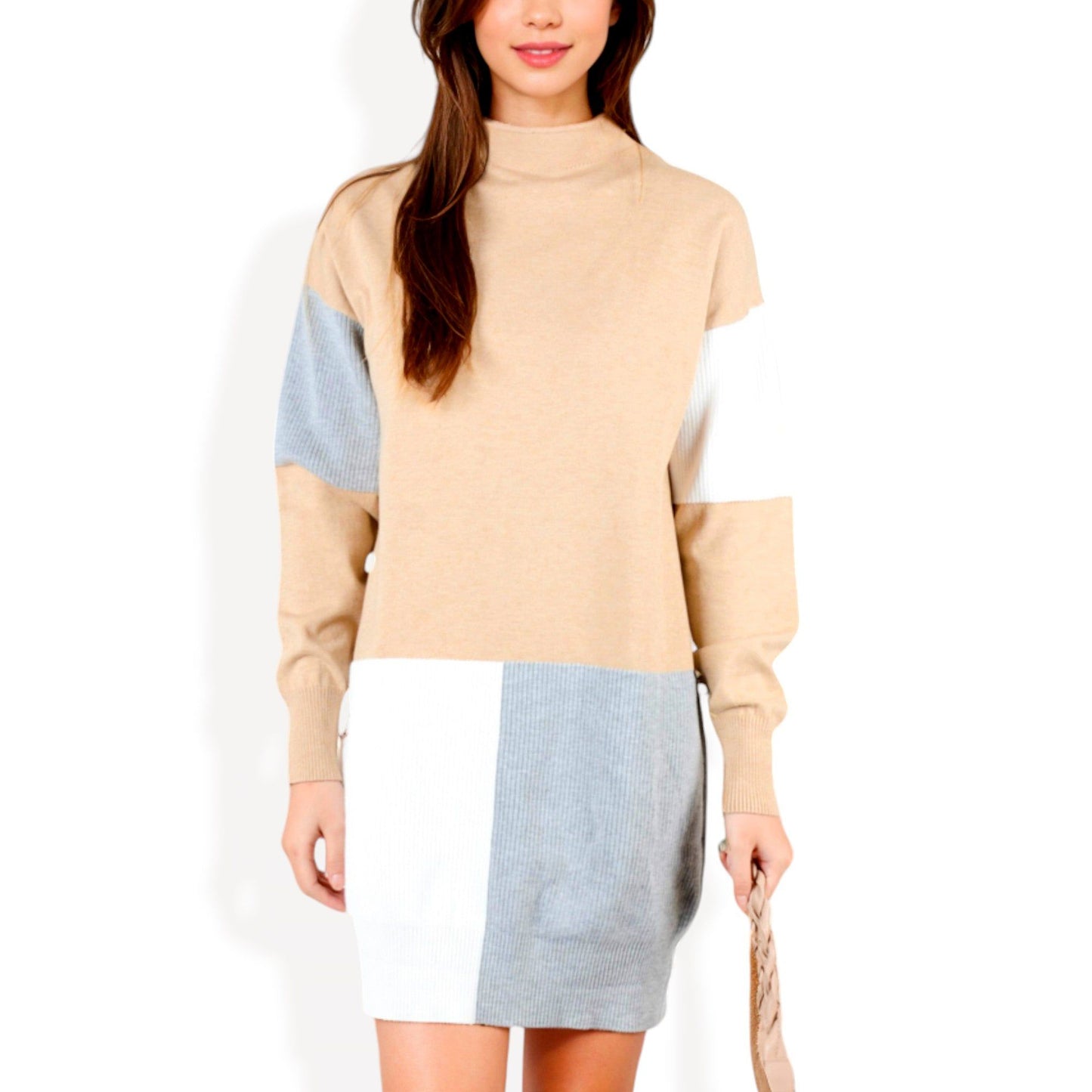 Color Block Long Sleeve Turtleneck Sweater Dress