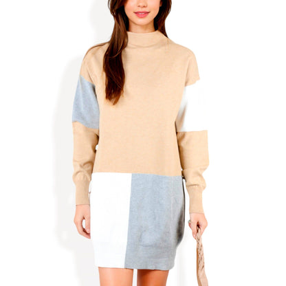 Color Block Long Sleeve Turtleneck Sweater Dress