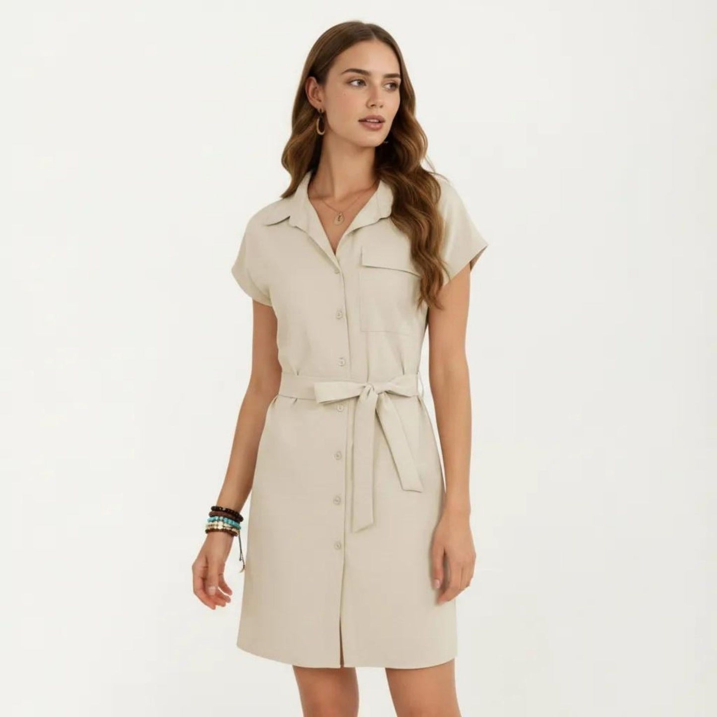 Short Sleeve Button Front Shirt Dress with Collared Neckline and Adjustable Waist Tie