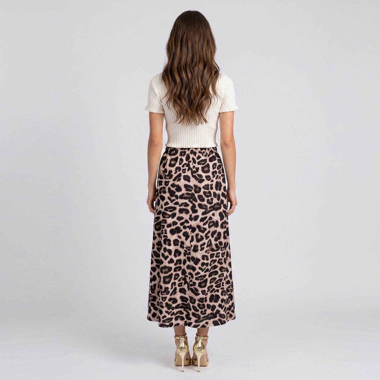 Leopard Print Midi Skirt with High Waist and Flowy A Line Fit