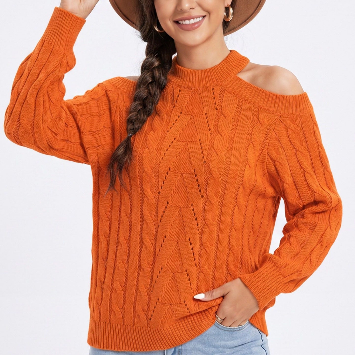 Mock Neck Cold Shoulder Cable Knit Long Sleeve Pullover Sweater