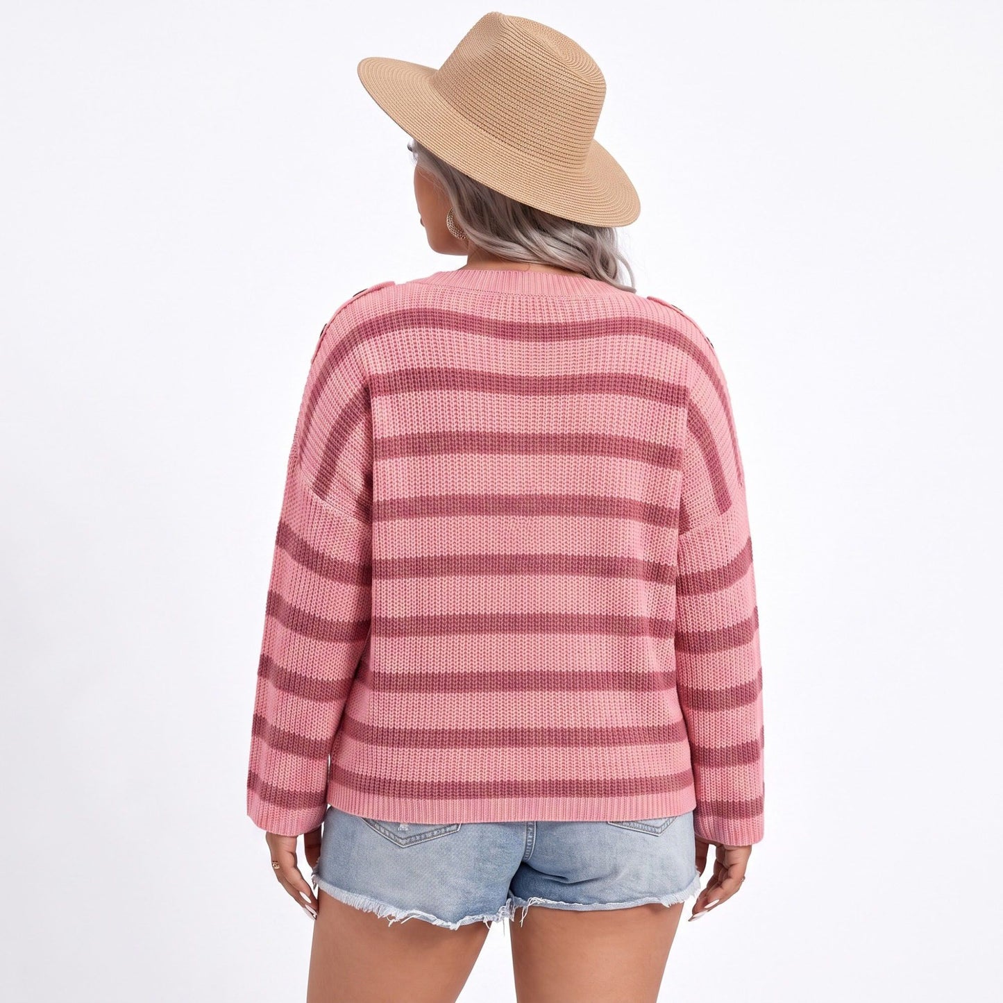 Plus Size Striped Crewneck Button Shoulder Sweater
