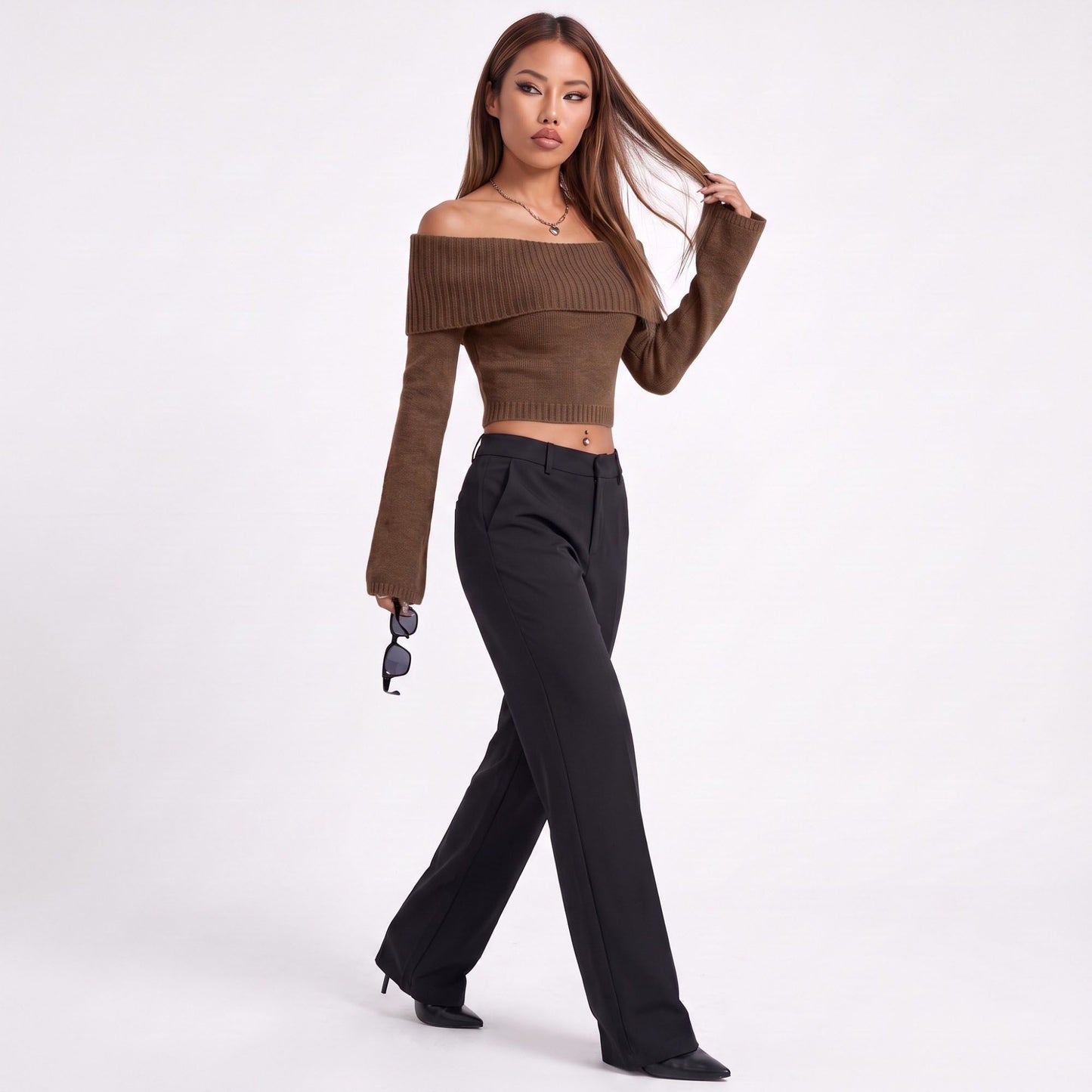 Off Shoulder Foldover Cropped Knit Sweater
