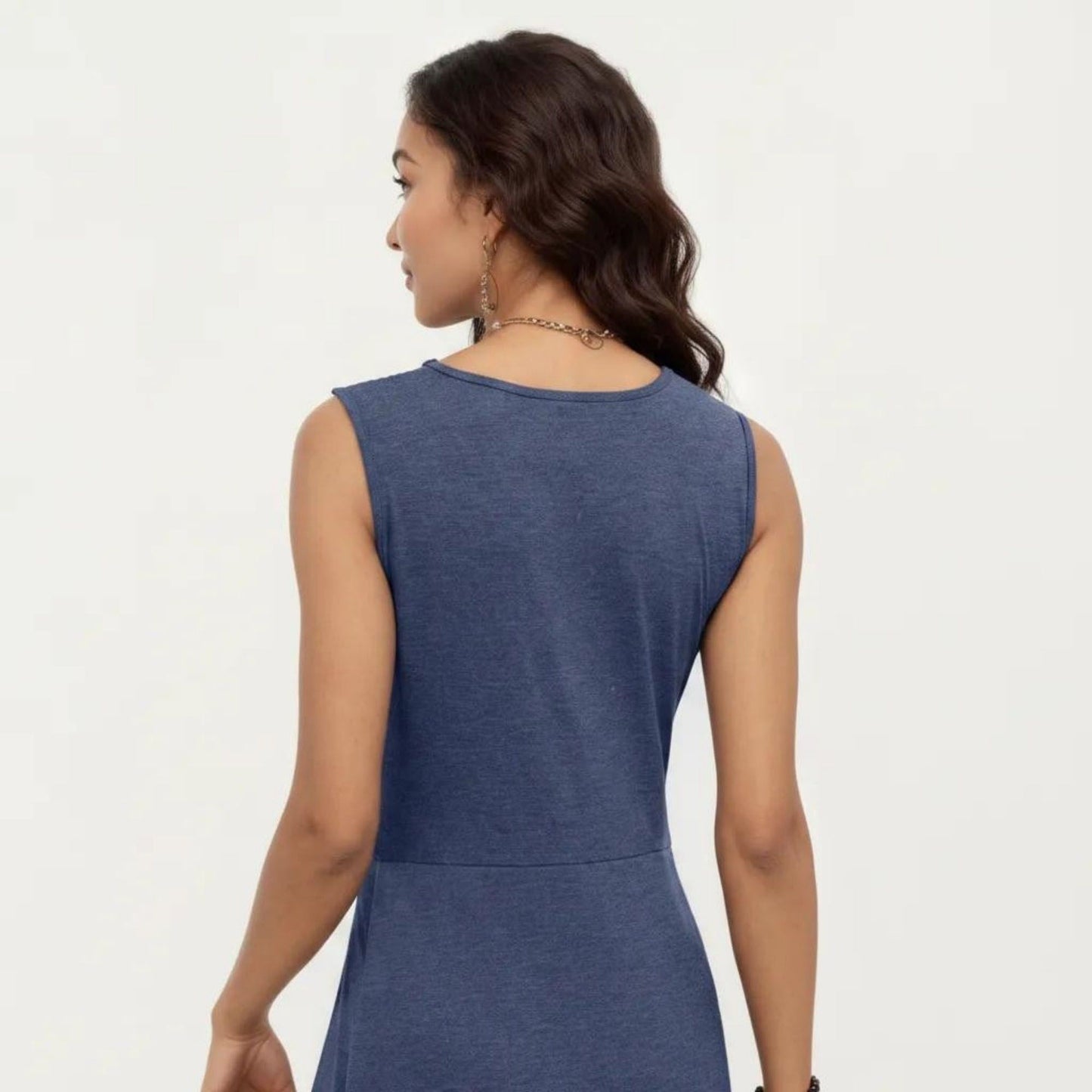 Sleeveless V Neck Midi Dress with Front Twist Detail and Flowy A Line Silhouette