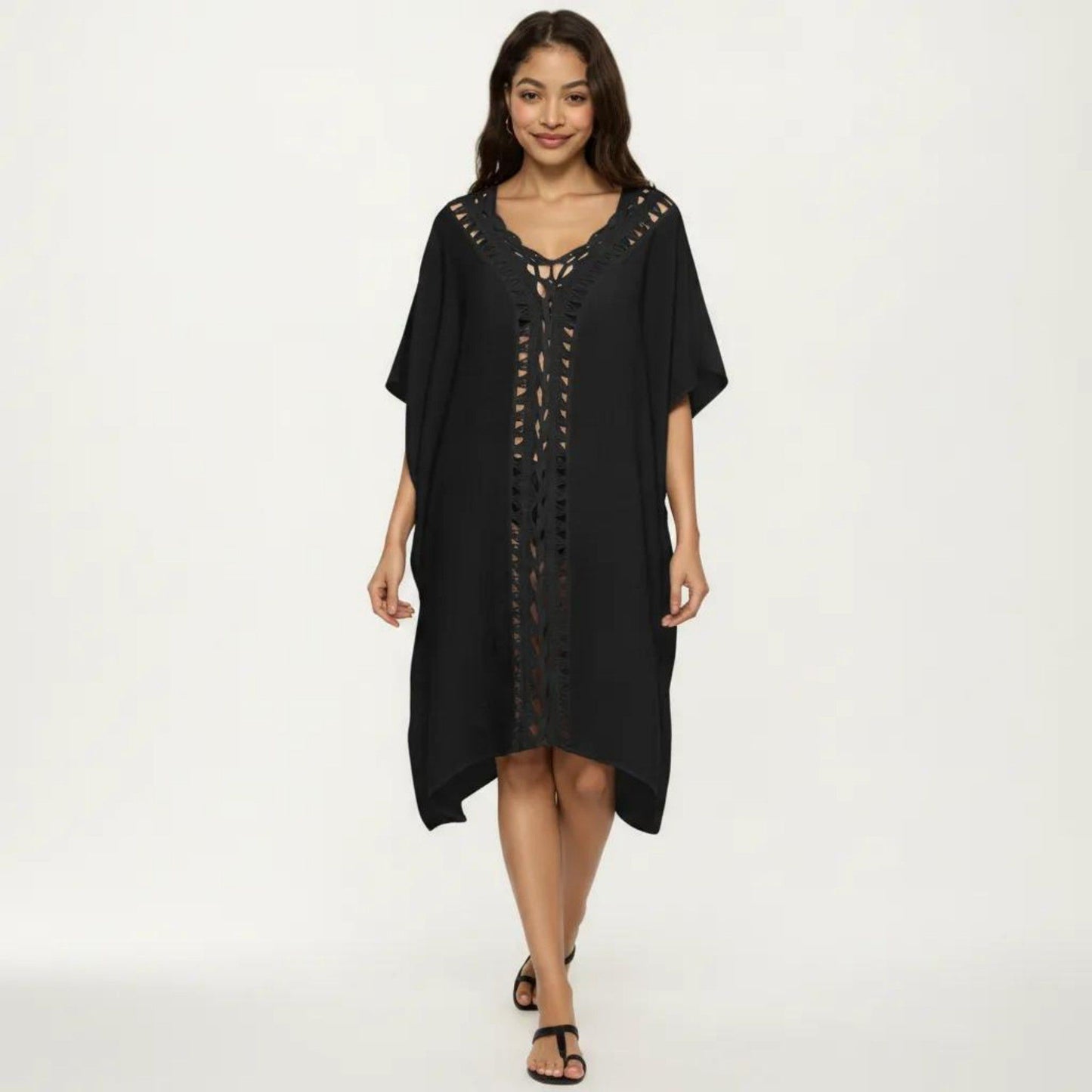 Crochet Trim Swim Cover Up Dress Loose Short Sleeve Lightweight Beach Kaftan