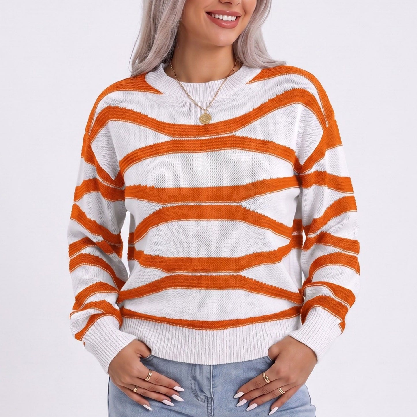 Wavy Stripe Crew Neck Long Sleeve Knit Sweater