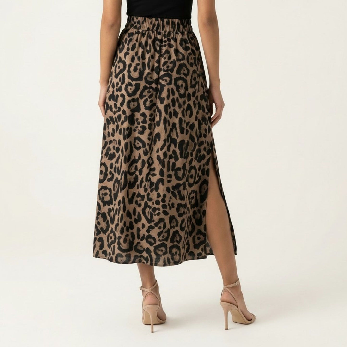 Leopard Print Midi Skirt High Waist Elastic Waist Side Slit Flowy A Line Skirt