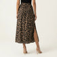Leopard Print Midi Skirt High Waist Elastic Waist Side Slit Flowy A Line Skirt