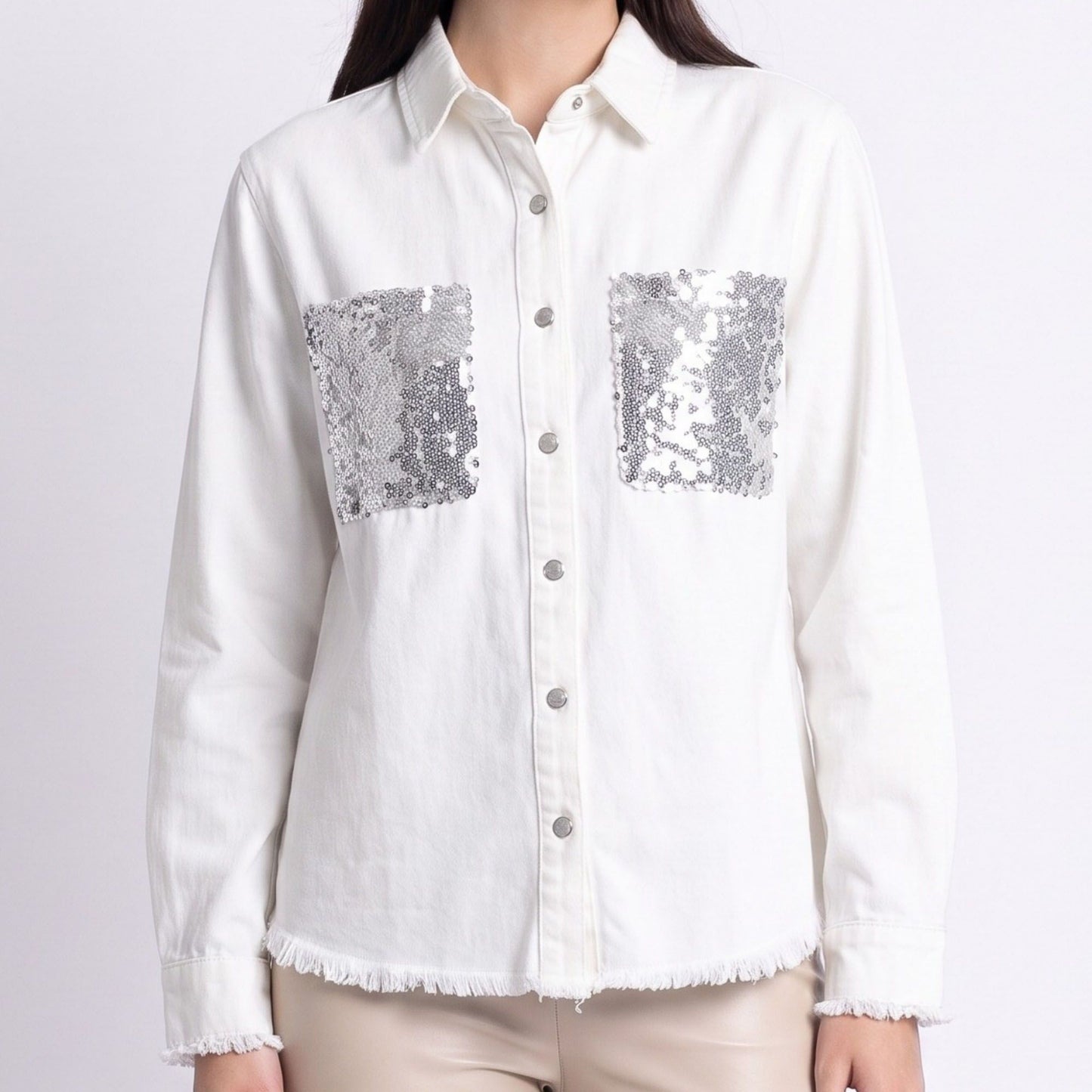 Sequin Denim Shirt Jacket Button Front Long Sleeve Frayed Hem Shacket