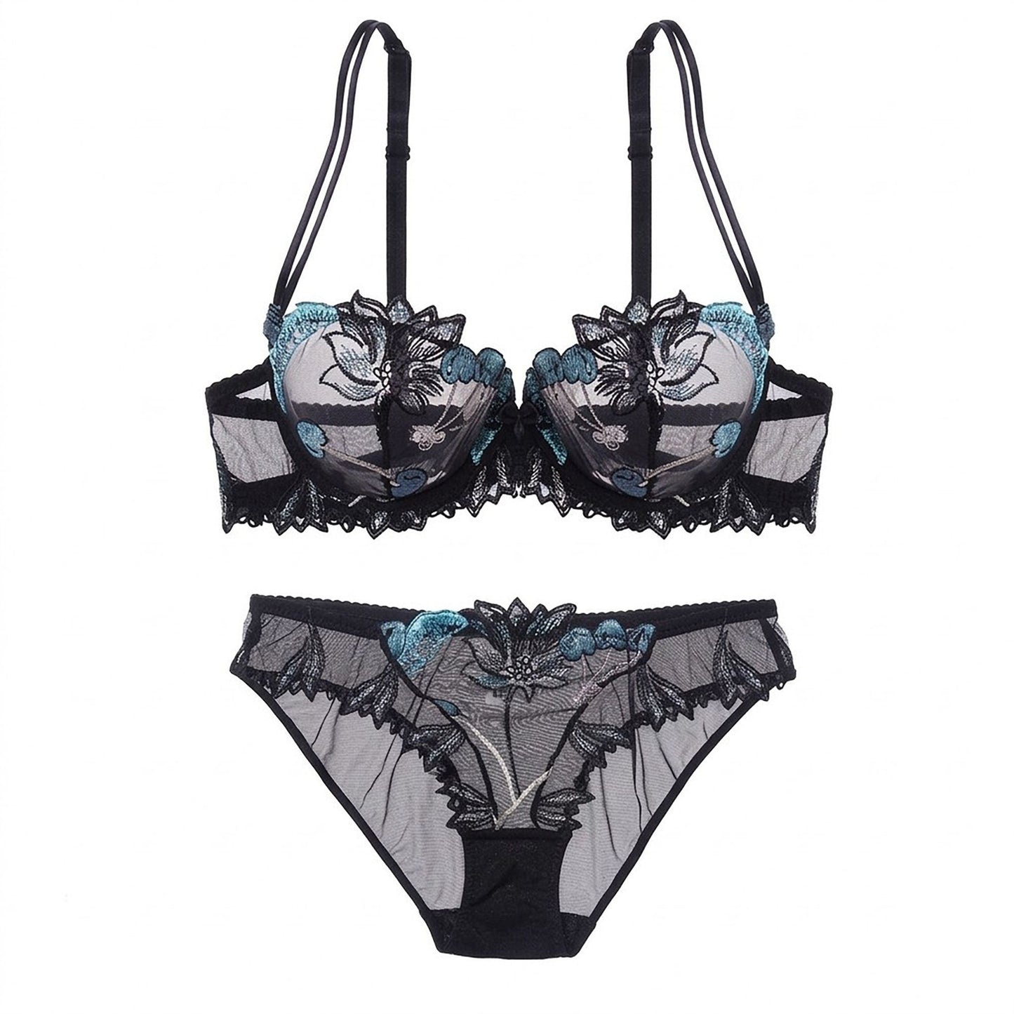 Floral Embroidered Sheer Mesh Underwire Bra and Panty Two Piece Lingerie Set