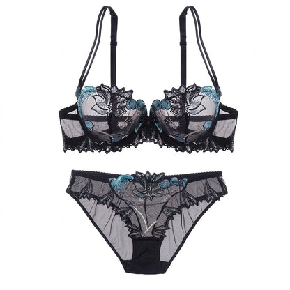 Floral Embroidered Sheer Mesh Underwire Bra and Panty Two Piece Lingerie Set