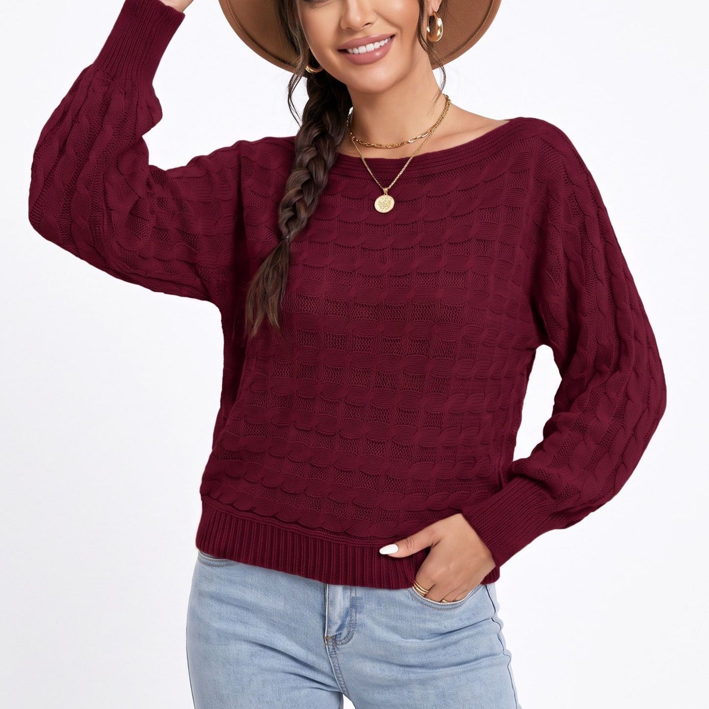 Boat Neck Cable Knit Long Sleeve Pullover Sweater