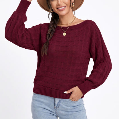 Boat Neck Cable Knit Long Sleeve Pullover Sweater