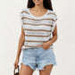 Short Sleeve Striped Open Knit Top with Button Shoulder Detail and Relaxed Fit
