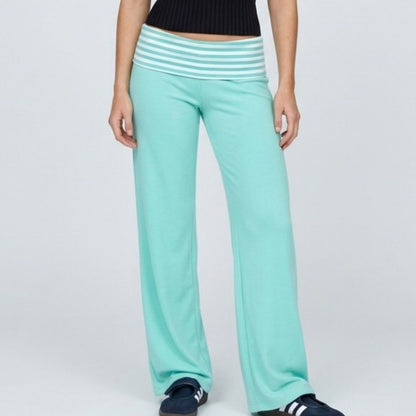Striped Contrast Foldover Waistband Full-Length Wide-Leg Trousers