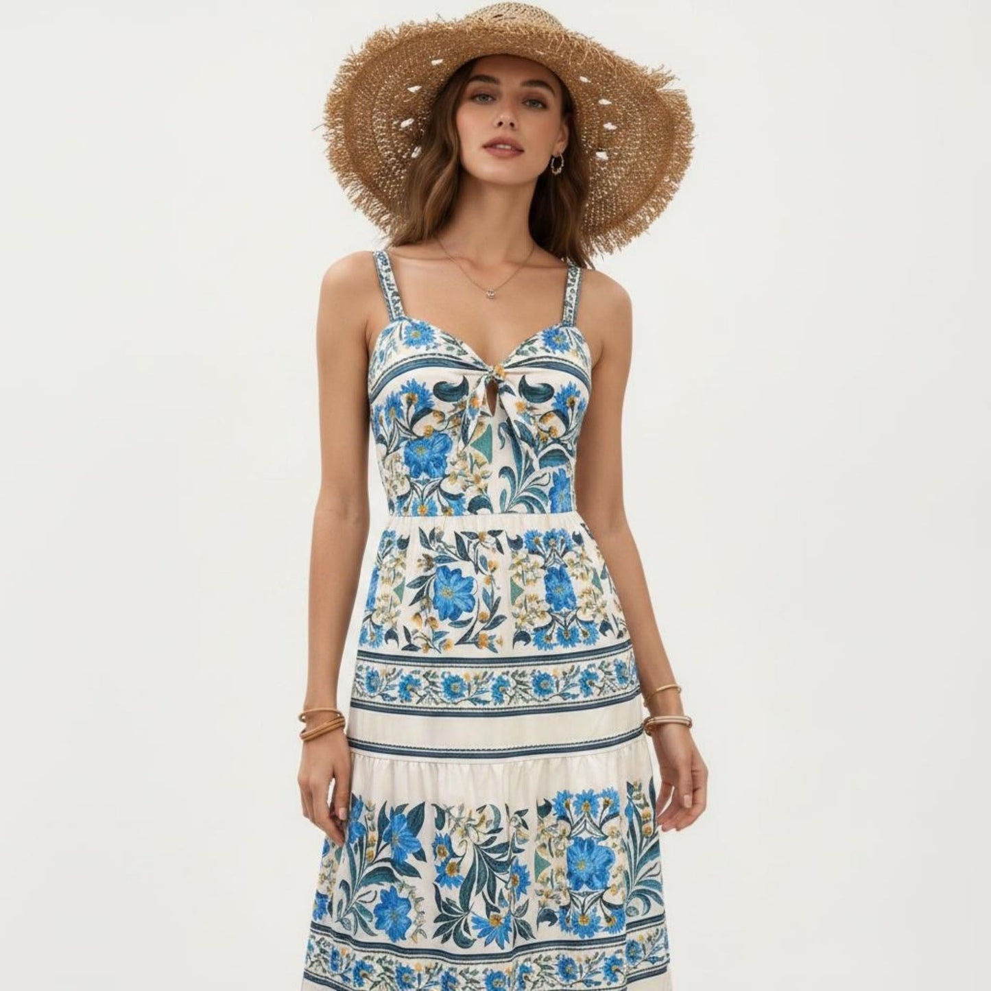 Sleeveless Maxi Dress with Adjustable Straps Tiered Skirt Printed Design Flowy Fit