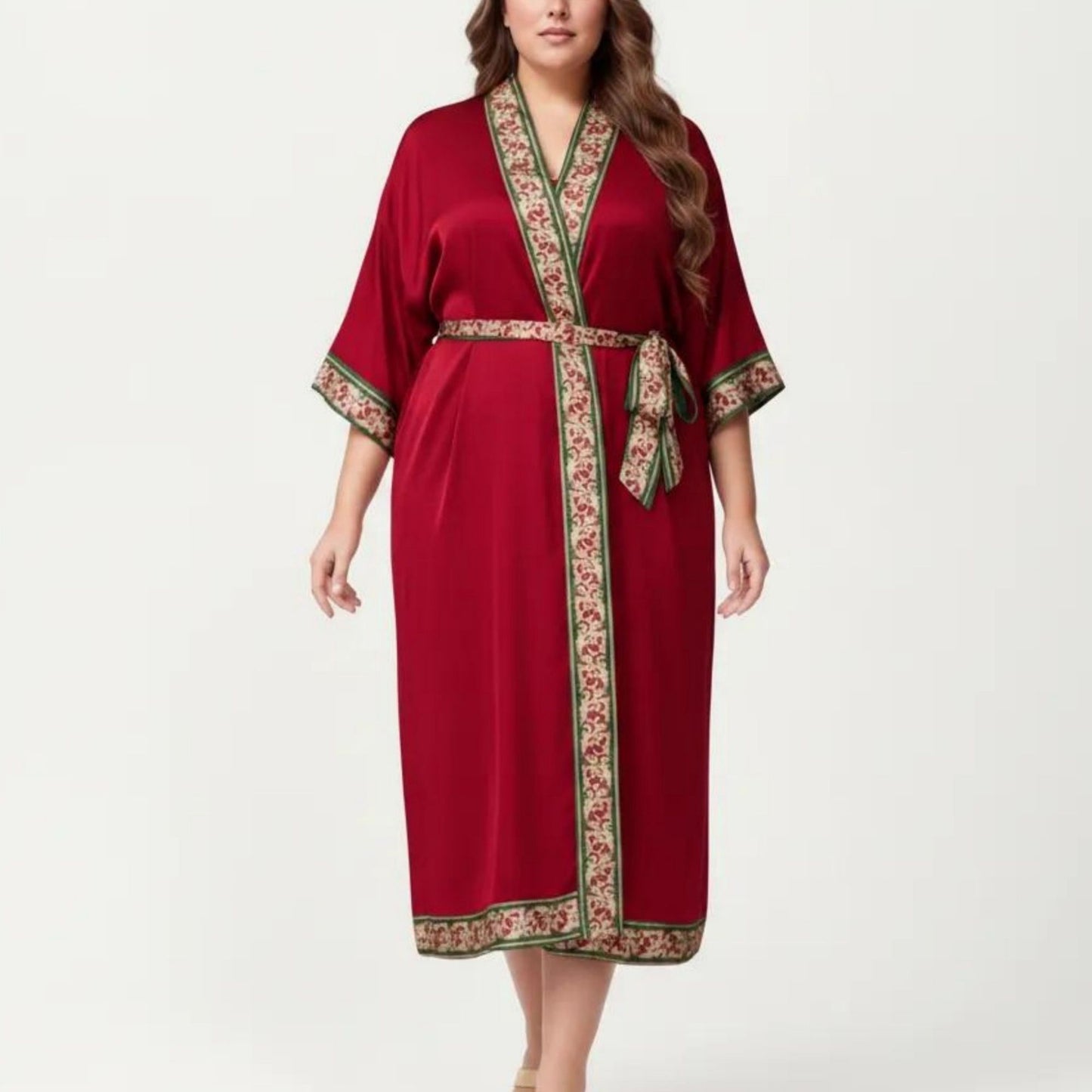Plus Size Satin Robe with Floral Trim Belted Kimono Sleeve Long Robe Sleepwear