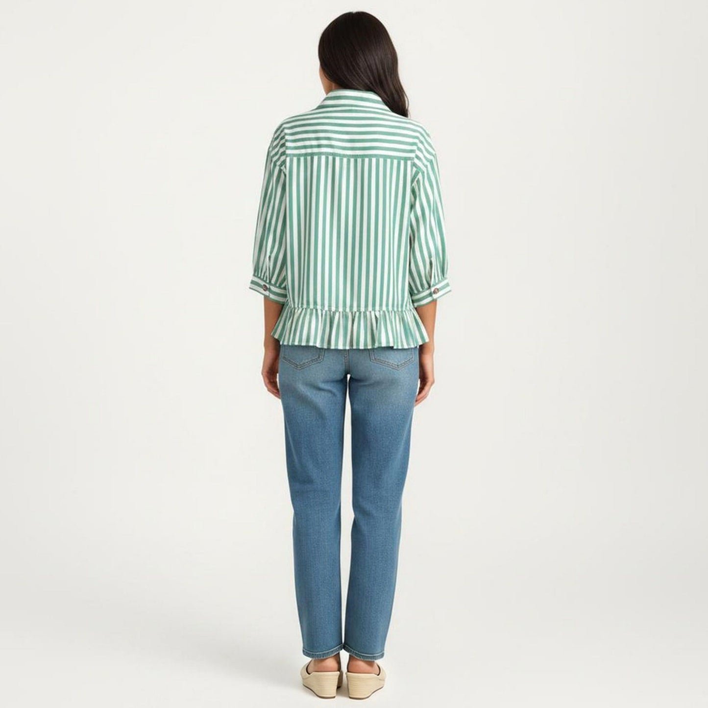 Striped Button Down Blouse with Collar Three Quarter Sleeve Peplum Hem Pocket Detail Casual Shirt